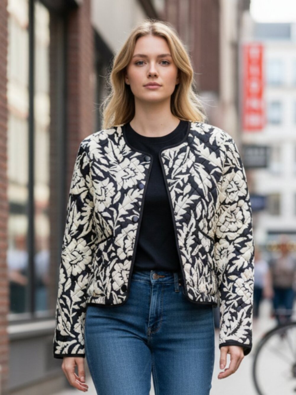 NWT Sanctuary Floral Quilted Jacket Color Fever Tree Black XL Pocket